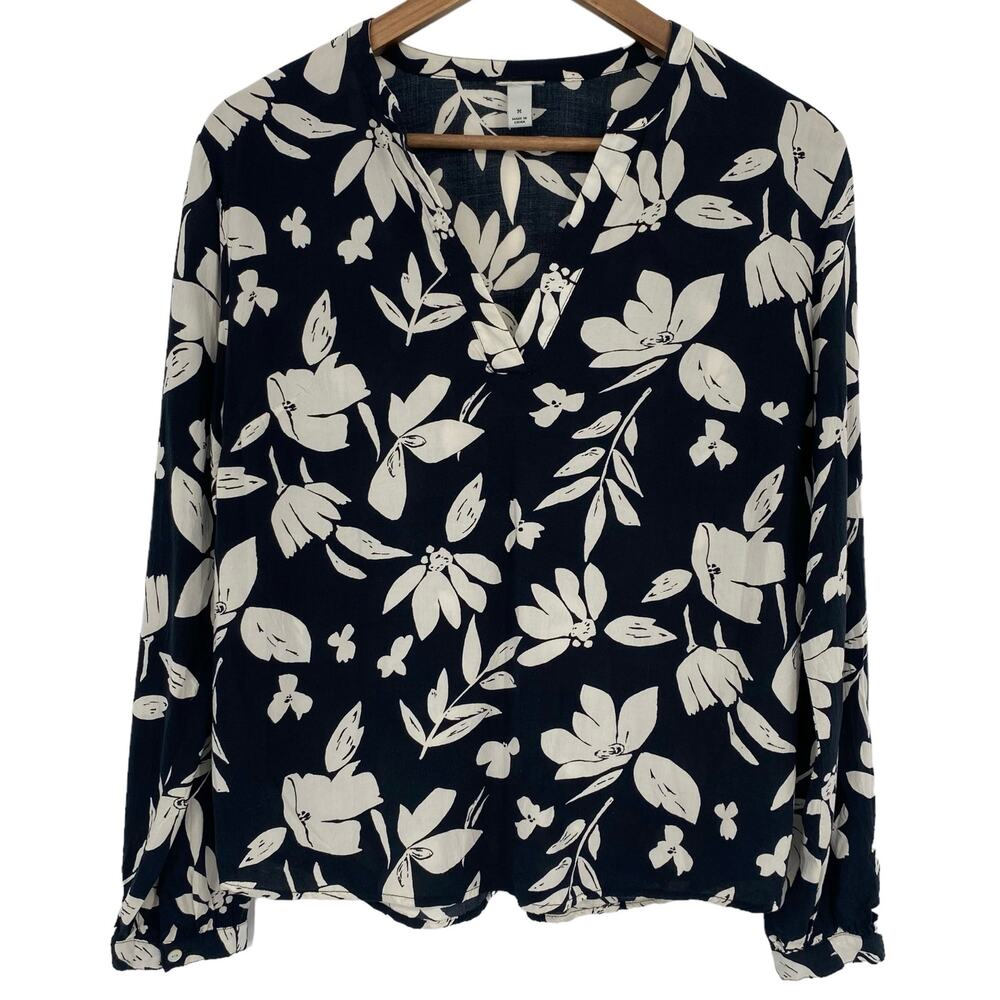 NO BRAND Lightweight Floral Notched V Neck Long Sleeve Blouse Black Size Medium